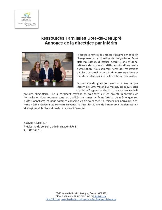 Communiqué RFCB et Direction (Michèle)