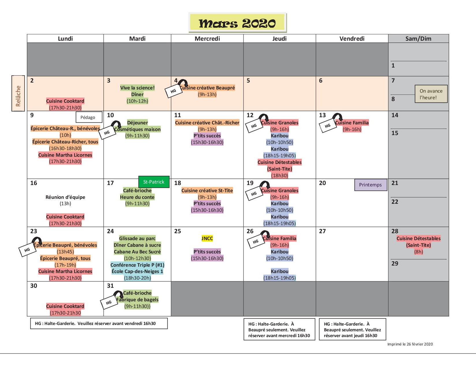 Calendrier mars 20202