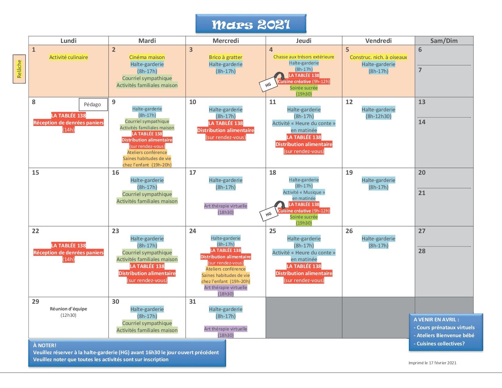 Calendrier mars 20212
